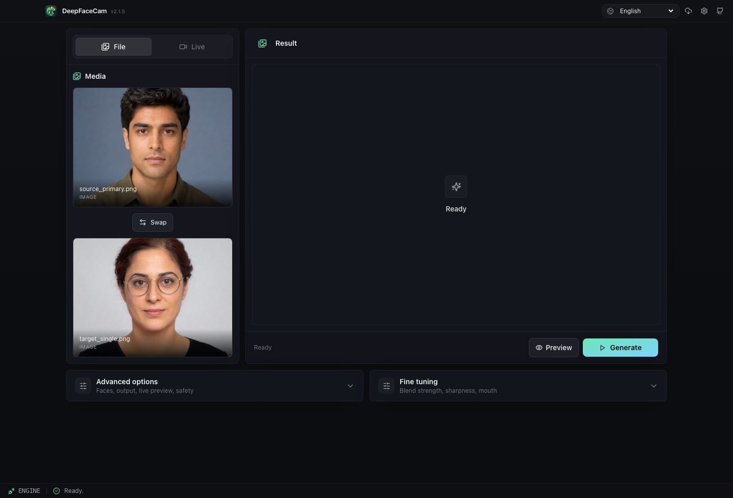 Deep Face Cam desktop interface with source and target images selected